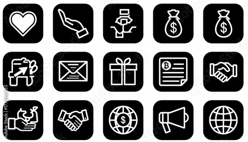 A set of white outline icons on black squares representing charity, donation, finance, and global business concepts.