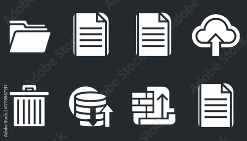 A collection of white icons representing digital data management concepts like files, folders, cloud storage, and security.