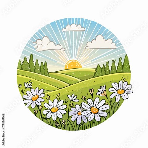 Late summer country landscape with daisies meadow and sunbeam