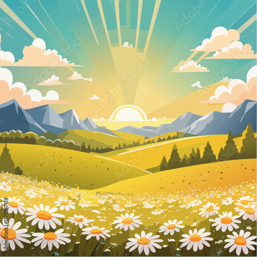 Late summer country landscape with daisies meadow and sunbeam