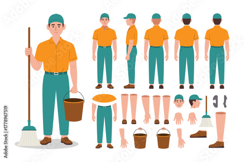 Cleaning service worker character with interchangeable parts
