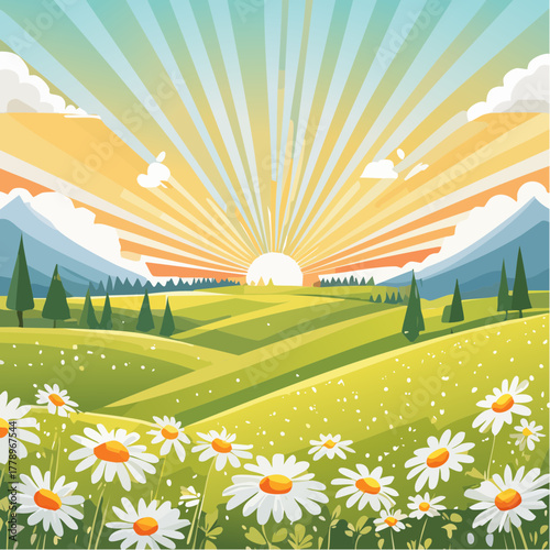 Late summer country landscape with daisies meadow and sunbeam