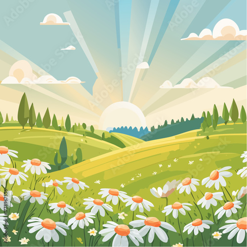 Late summer country landscape with daisies meadow and sunbeam