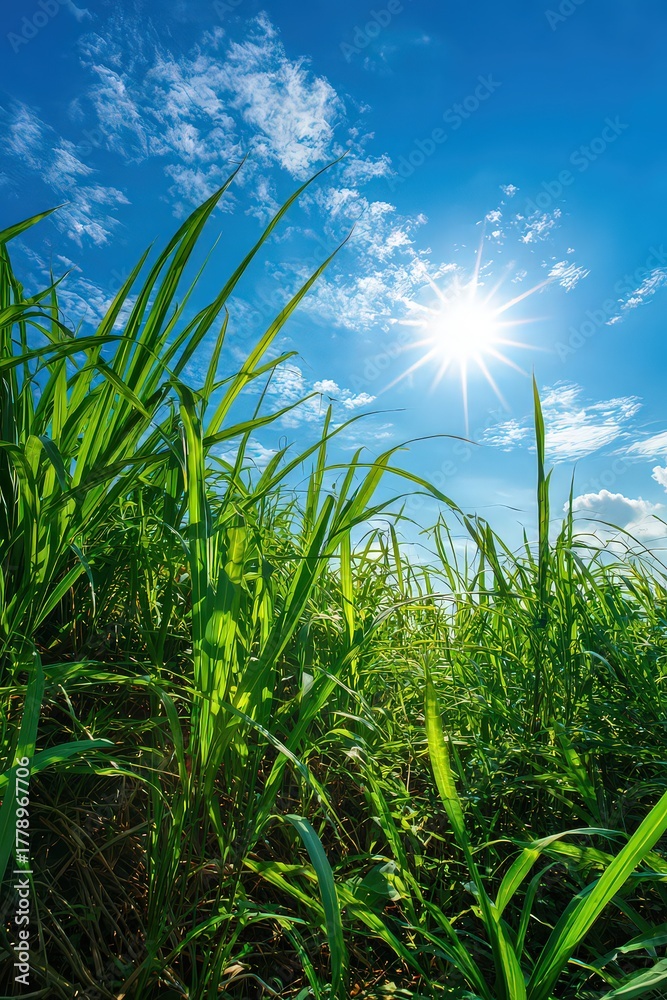 Obraz premium Lush Green Grass Blades Reaching Towards Bright Sun Under Blue Sky Summer Day