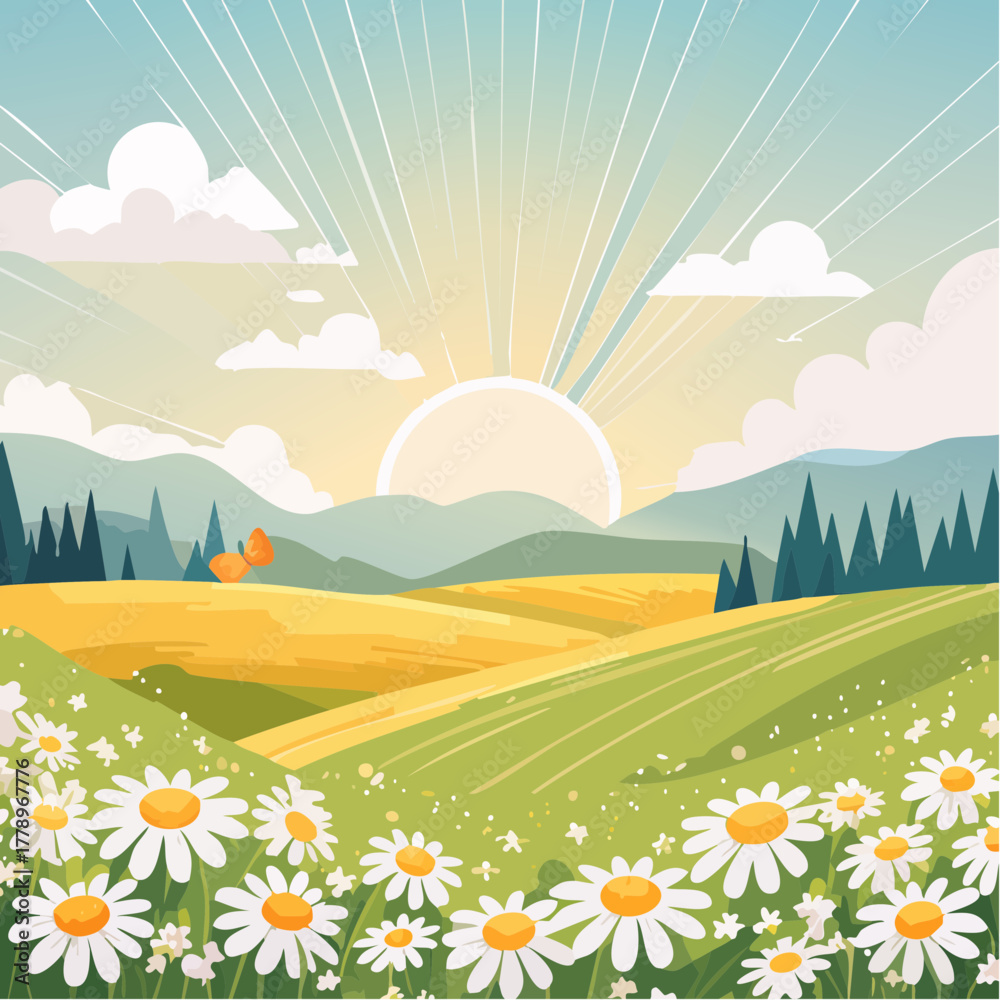 Fototapeta premium Late summer country landscape with daisies meadow and sunbeam