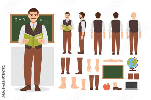 Teacher character with classroom elements and interchangeable parts