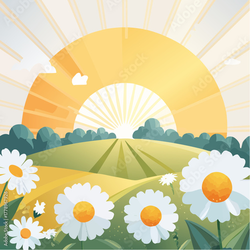 Late summer country landscape with daisies meadow and sunbeam