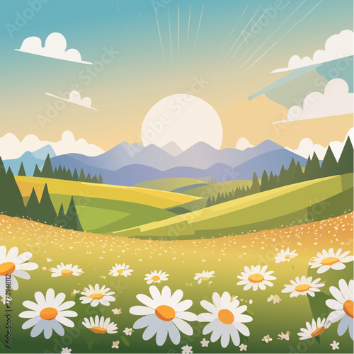 Late summer country landscape with daisies meadow and sunbeam