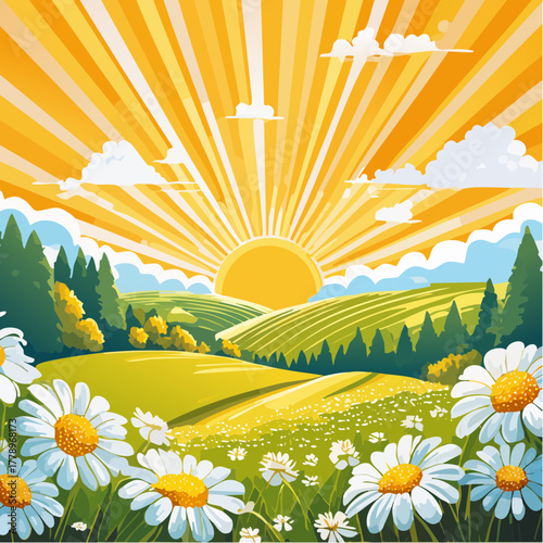 Late summer country landscape with daisies meadow and sunbeam