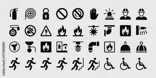 High-detail black and white safety and emergency icons, minimalist geometric style, crisp lines, perfect grid, high-resolution, commercial-ready, vector, stock-friendly, ultra-clear, modern design.