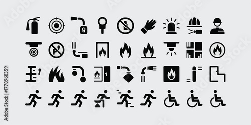 High-detail black and white safety and emergency icons, minimalist geometric style, crisp lines, perfect grid, high-resolution, commercial-ready, vector, stock-friendly, ultra-clear, modern design.