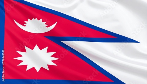 Nepal national flag with stacked crimson triangles, blue border, white moon and sun symbols, representing bravery, peace, and eternal endurance.