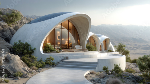 Futuristic dome house curved solar roof desert landscape sustainable architecture. Futuristic dome house with curved solar roof desert landscape, warm interior glow, eco friendly retreat