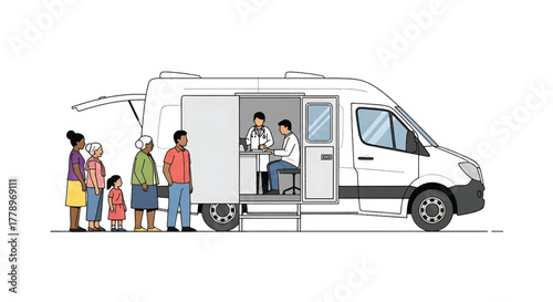 Illustration of a diverse group of people gathered around the open door of a white medical van parked on a plain background.