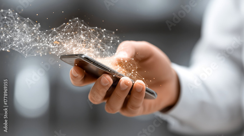 Smartphone hand network data connection technology digital mobile communication innovation spark closeup scene, capturing modern connectivity and dynamic links with glowing particles around sleek