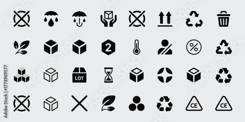Highly detailed blackand-white industrial shipping icons, 32 minimalist symbols, consistent bold lines, clean layout, vector style, commercial-ready, unique, professional, visually distinct.