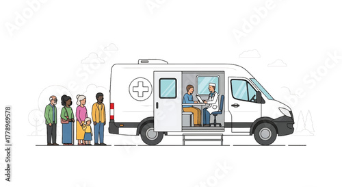 Illustration of a diverse group of people waiting by a white ambulance with a paramedic inside on a plain background.