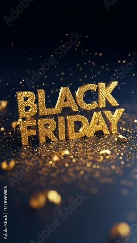 Golden sparkling text of Black Friday surrounded by shimmering particles, creating a festive atmosphere for holiday shopping promotions and sales events with vibrant energy. 
