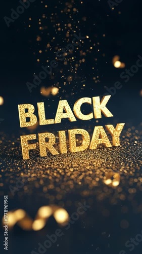 Golden sparkling text of Black Friday surrounded by shimmering particles, creating a festive atmosphere for holiday shopping promotions and sales events with vibrant energy. 