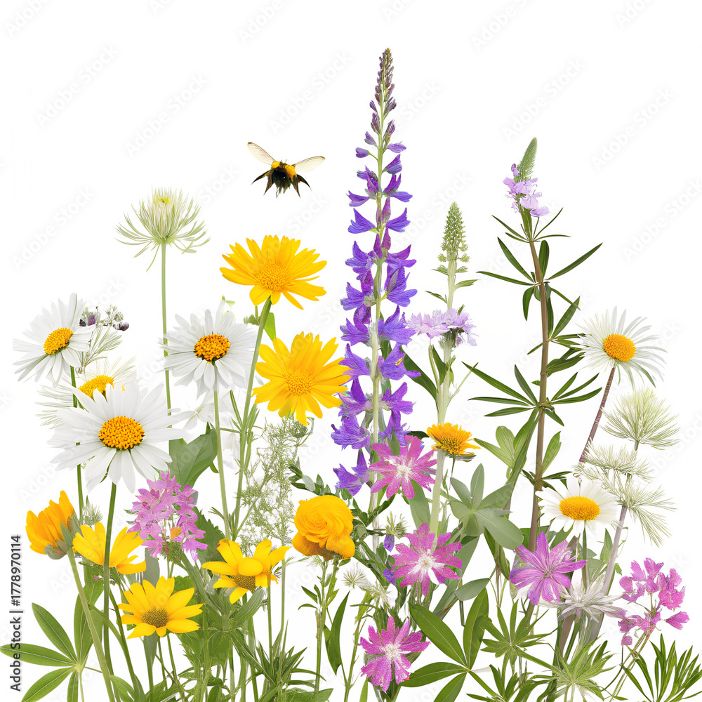 Fototapeta premium Colorful meadow and garden flowers with insects, transparent background