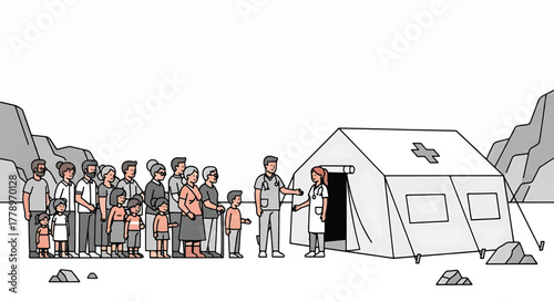Line drawing of a diverse group of people waiting outside a tent in a mountainous area with a person entering.