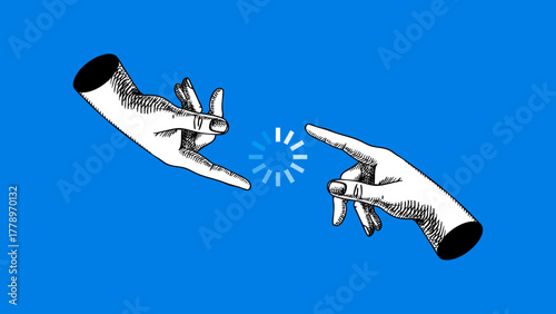 Trendy collage of sketch hands with spinner loading icon. Connection pending, online wait, mobile app, cloud service, customer support, startup concept. Hand drawn vector illustration.