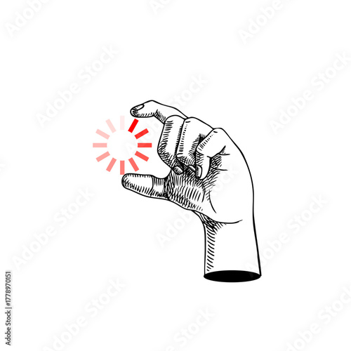 Sketch hand with spinner loading icon. Connection pending, online wait, streaming platform, mobile app, cloud service, customer support, startup concept. Hand drawn isolated vector illustration.