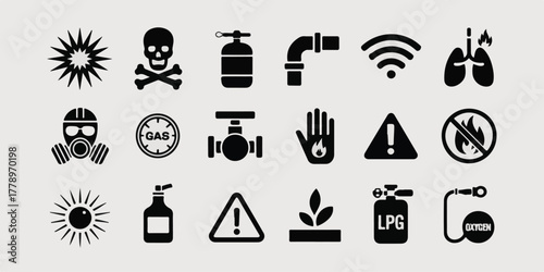 High-quality black and white vector industrial safety icons, minimalist, clear silhouettes, 3-row grid, pure white background, professional, commercial-ready, easily recognizable, visually appealing.