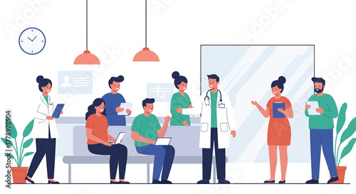 Illustration of diverse office workers collaborating and interacting in a modern workspace with casual attire and minimalist decor.
