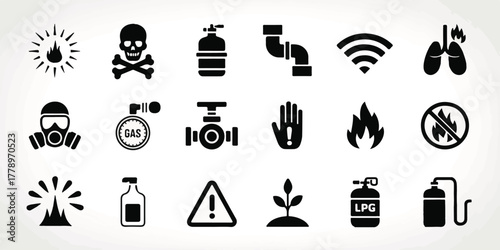 High-quality black and white vector industrial safety icons, minimalist, clear silhouettes, 3-row grid, pure white background, professional, commercial-ready, easily recognizable, visually appealing.
