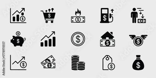 High-quality black-and-white vector illustration of 15 minimalist finance icons in 4x5 grid, clear thin-line style, modern economic symbols, professional, stock-ready, visually balanced, legible.