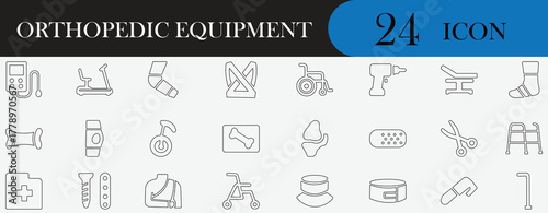 Orthopedic equipment icon set with walker, wheelchair, brace, splint, bone, therapy, surgery, recovery, health care, medical support, thin line vector