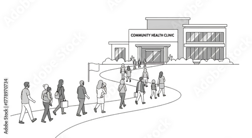 Line drawing of people walking towards a community health clinic building with a sign and entrance.
