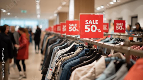 Vibrant clothing sale in busy store with 50 percent discount offer