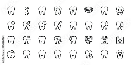 High-quality minimalist vector dental icons, 30 items in 5x6 grid, clean black silhouettes, modern flat style, commercial-ready, distinct, professional, balanced.
