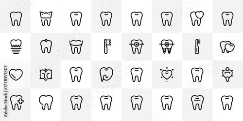 High-quality minimalist vector dental icons, 30 items in 5x6 grid, clean black silhouettes, modern flat style, commercial-ready, distinct, professional, balanced.
