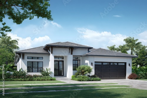 Modern White Single Story House Exterior Under a Cloudy Blue Sky Landscape with Green Grass and Landscaping in Front with Attached Garage and Overhanging Trees
