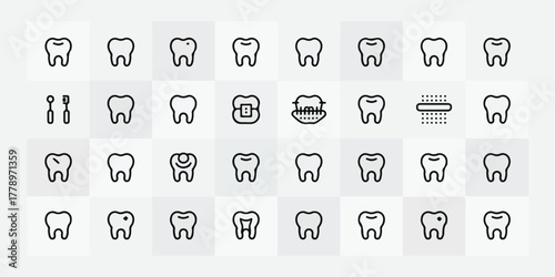 High-quality minimalist vector dental icons, 30 items in 5x6 grid, clean black silhouettes, modern flat style, commercial-ready, distinct, professional, balanced.