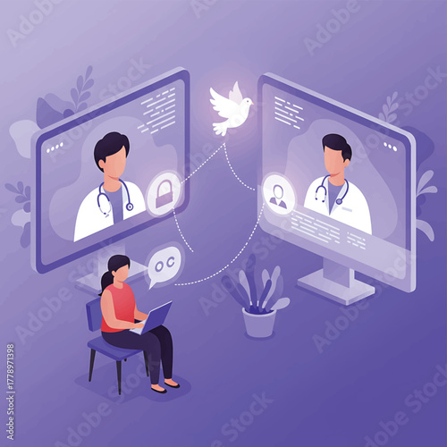 Illustration of a woman video conferencing with two doctors on computer screens.