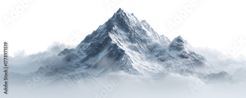 dark snow covered mountains landscape surrounded by smoke and clouds isolated on white or transparent png