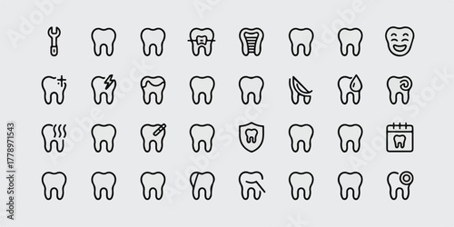 High-quality minimalist vector dental icons, 30 items in 5x6 grid, clean black silhouettes, modern flat style, commercial-ready, distinct, professional, balanced.