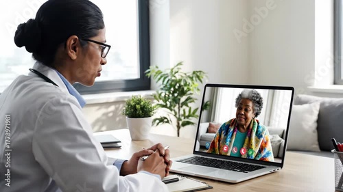 Healthcare professional conducting virtual consultation with elderly patient via portable computer