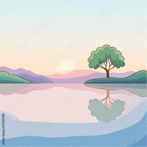 solitary tree reflected in the still waters of a foggy lake at sunrise