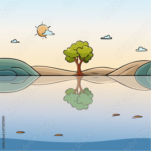 solitary tree reflected in the still waters of a foggy lake at sunrise