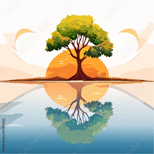 solitary tree reflected in the still waters of a foggy lake at sunrise