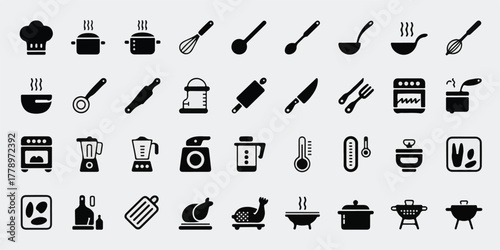 High-quality vector black-and-white kitchen and cooking silhouette icons, 30-piece set, minimalist flat design, clean lines, uniform grid, professional, modern, commercial.