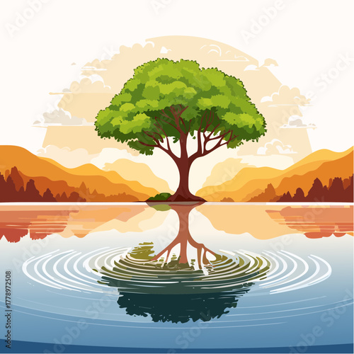 solitary tree reflected in the still waters of a foggy lake at sunrise