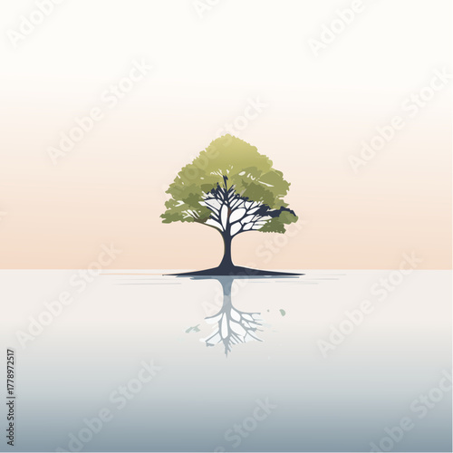 solitary tree reflected in the still waters of a foggy lake at sunrise