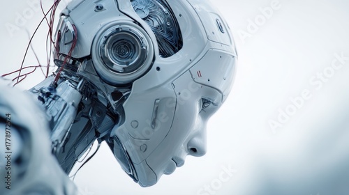 Intricate close-up of a futurist humanoid robot head with visible wires