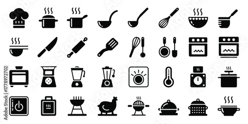 High-quality vector black-and-white kitchen and cooking silhouette icons, 30-piece set, minimalist flat design, clean lines, uniform grid, professional, modern, commercial.